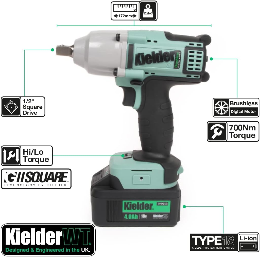 Kielder KWT-012-83 - 18V TYPE18 Brushless Cordless 1/2" Mid Torque Impact Wrench, 1 x 4.0Ah TYPE18 Li-ion Battery and Charger